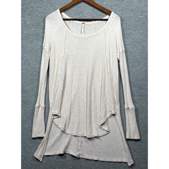 Free People Womens Top M Beige Long Sleeve Knit Tunic Wffle Knit - Picture 1 of 5